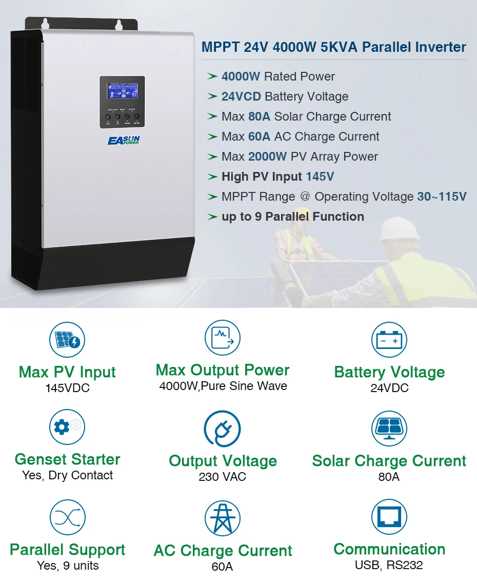 Источник питания Easun 24V 5KVA 4000W MPPT солнечный инвертор Чистая синусоида Инвертор с 80A MPPT Солнечное зарядное устройство с 60A зарядное устройство