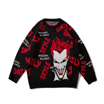 

#1546 Autumn Winter Sweater Men Pullover Black O Neck Streetwear Hip Hop Sweater Clown Pattern Fashion Plus Size Mens Jumpers