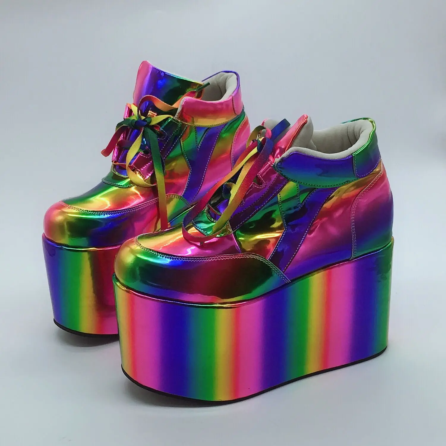 

Womens Laser Rainbow Colors Platform Round Toe Ankle Boots Patent Leather Super Wedge High Heel Lace Up Knight Punk Shoes Plus