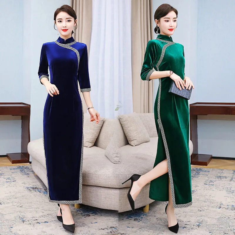 

Gold Velvet Chinese-style Retro Catwalks Improved Cheongsam Dress Women's 2020 Spring New Style Elegant Elegant Long Skirts