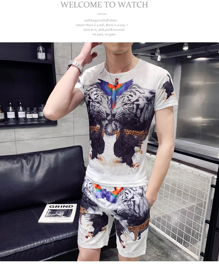 Футболка zomer+ шорты tweedelige Mannen Mode Sportkleding Комплект футболок с принтом Persoonlijkheid Mannen's t-shirt Kleding