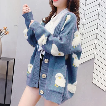 

Cardigan Women's Autumn Cardigan 2020 Spring Winter Loose Sweater Coat Cute Cartoon Sheep Print VeNeck Ladies Sweet Jacket