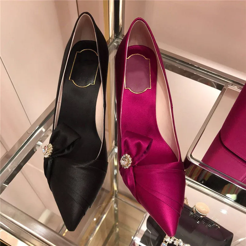 Kmeioo/Элегантные свадебные туфли; женские туфли-лодочки с острым носком на высоком каблуке с кристаллами; неглубокие на узком каблуке со стразами на шпильке - Цвет: rose red 8cm