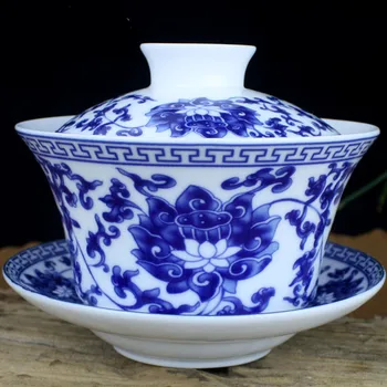 

Tureen Single Teacup Tea Set Large Cover Bowl Kung Fu Dehua Ceramics Sancai White Porcelain Blue and White Gaiwan 300ml