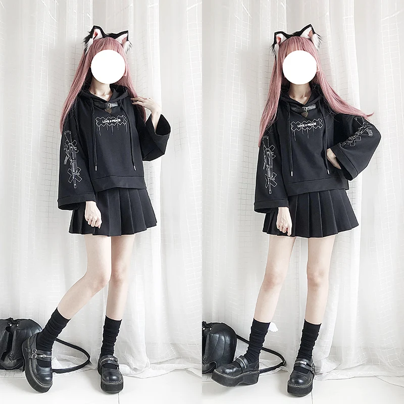 Харадзюку уличная Женская Черная Толстовка Готический Kawaii Графический укороченный пуловер женский панк стиль негабаритных короткий Свитшот