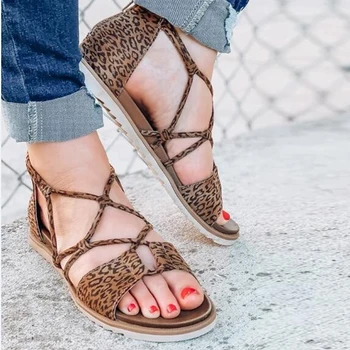 

Hot Fashion Summer Women Sandals Black Leopard Lace-up Sandals Ladies Open Toe Casual ShoesFlat Beach Shoes 2020 New