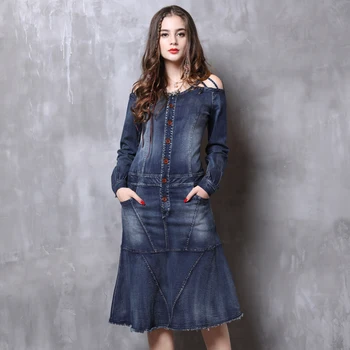 

Women Denim Dress 2020 Autumn Boho O-Neck Long Sleeve Hollow Out Vestidos Vintage Brushed Vestido A82117 Feminina Dresses