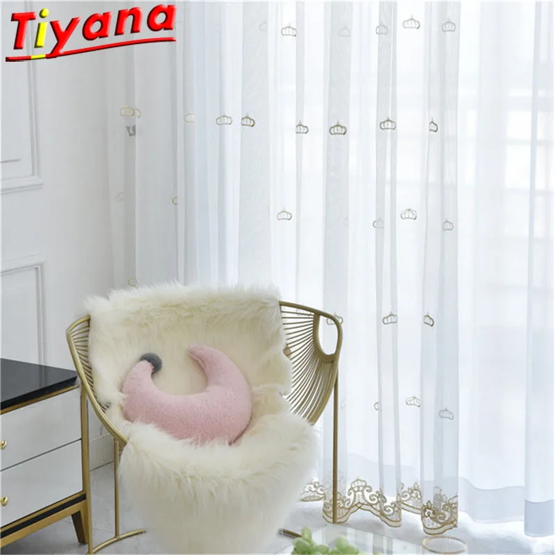 

Golden Crown Embroidered Tulle Curtain for Kid's Room White Sheer Yarn for Living Room Window Drapes Can Be CustomizedX-HM166#30