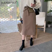 Julissa mo модная зимняя женская юбка с поясом, высокая талия, прямые длинные юбки,, высокая уличная одежда, разрезная нижняя часть, Jupe Femme