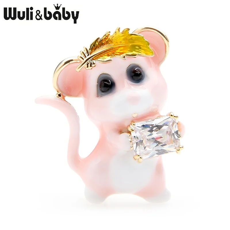 pink Эмалированные Броши Wuli& baby в виде синей и розовой мышки для женщин, брошь из сплава с цирконием в форме животного для вечеринки, банкета, булавки, подарки на год - Окраска металла: pink