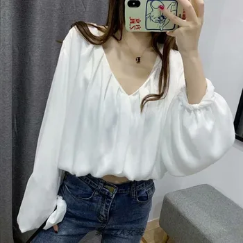 

Spring 2020 New Shirts Women Europe Solid Color Wild Ladies Blouses and Tops Long Sleeve V Neck Fashion Women Clothing