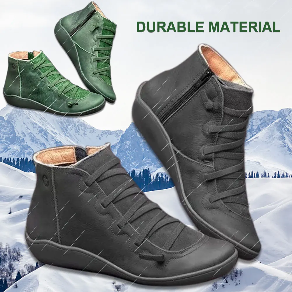 

Autumn Winter Women Non Slip Arch Support Ankle Boots Retro Flat Heel Daily Platform British Wind Casual PU Leather Shoes 35-42