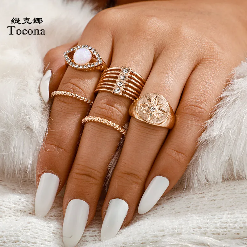 Tocona Bohemian 5pcs/sets Gold Ring Sets for Women Fashion Clear Crystal Opal Stone Wedding Rings Jewelry Wholesale 9483 | Украшения и