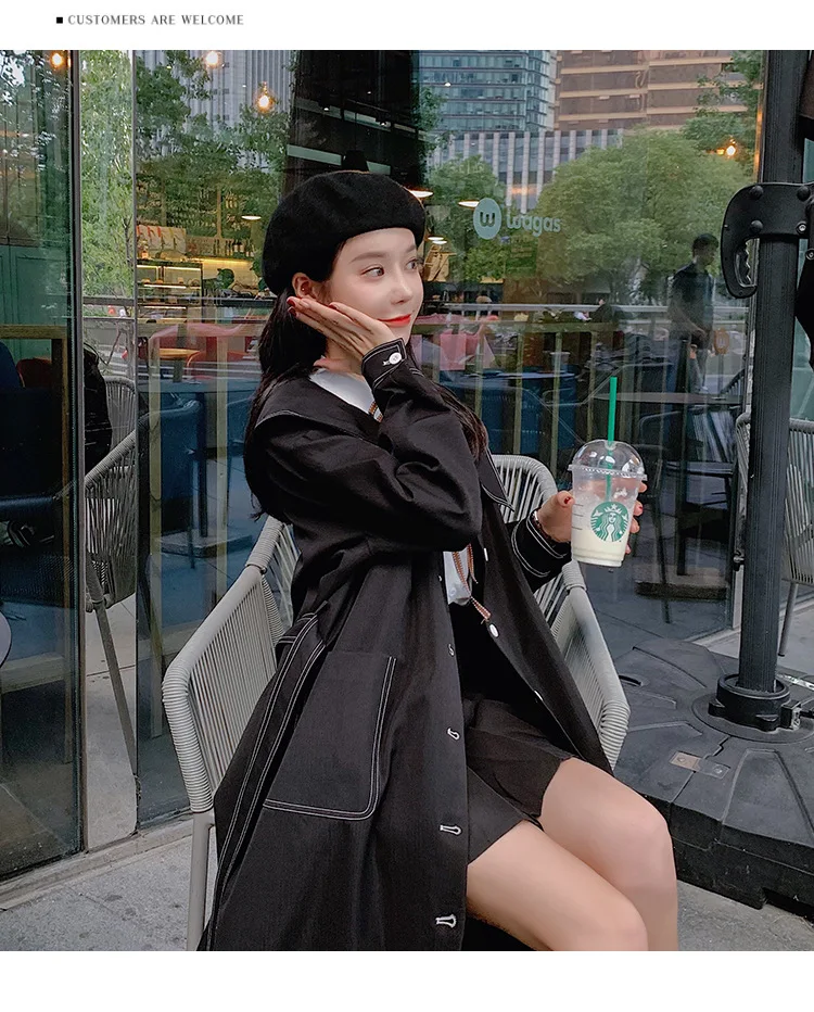 Весна Осень женское длинное пальто с отложным воротником Harajuku женский черный плащ Casaco Feminino Abrigo Mujer Тренч Femme J522