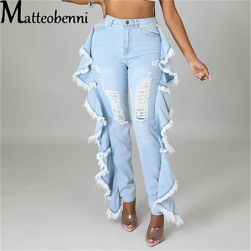 2021 Autumn Winter Women Casual Fashion Slim-Fit Sexy Stretch Jeans Ladies With Ruffled Fringe And Shredded Holes Denim Pants la spezia white belt women real leather chain pin buckle belt female classic genuine leather cowhide ladies thin belt with holes