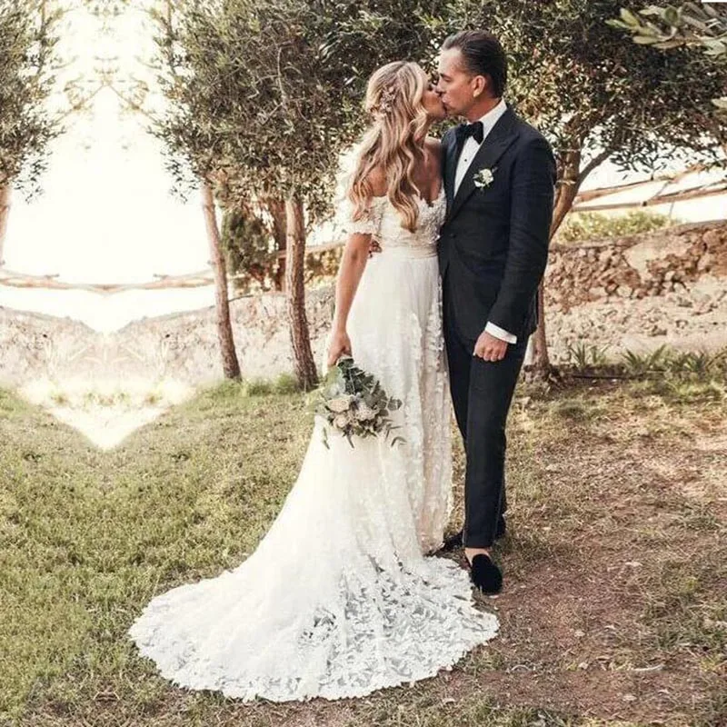 Boho для свадьбы кружевное платье с открытыми плечами короткими рукавами