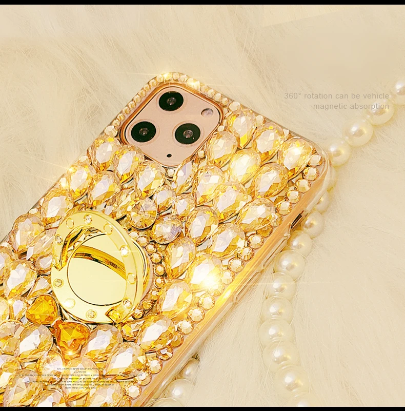 Gold Crystal Strap Phone Ring Diamond Rhinestone Case For iPhone 16 15 14 12 13 11 Pro MAX X XR XS 7 8 Plus Case Glitter Bling phone case,iphone case