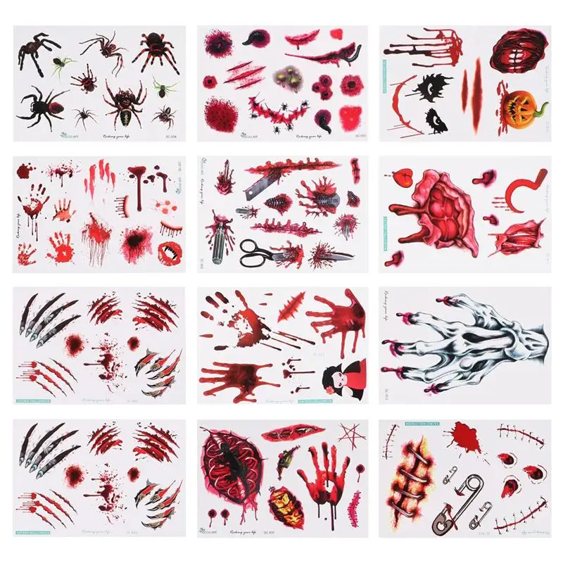 

12Pcs Halloween Temporary Waterproof Scar Tattoos Stickers Cosplay Costume Fake Bloody Wound Tattoos Stickers Sticker Supplies
