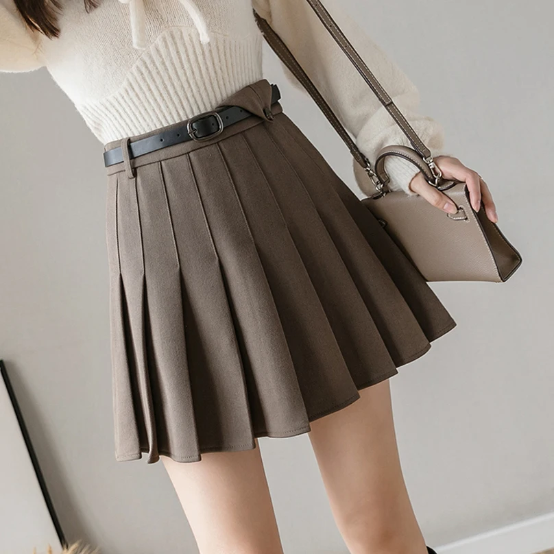 

2020 Retro Vintage Women Mini Skirt High Waist Winter Pleated Solid Color Black Korean Style Office OL School Skater With Belt