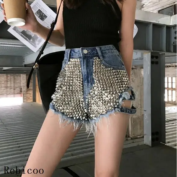 summer clothes for women Summer Rivet Sequins Denim Shorts Women High Waist Loose Tassel Jeans birddog shorts