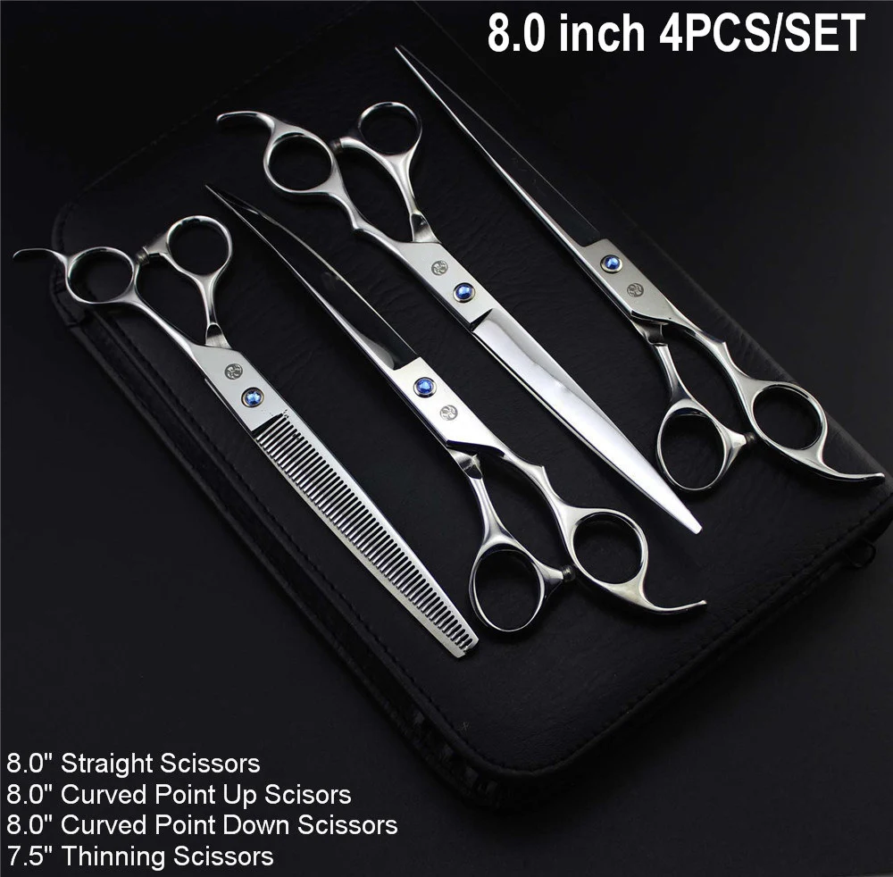 Professional Pet Grooming Scissors Set 7 inch 8 inch Hair Cutting Thinning Curved Pet Clipper Dog Shears 4pcs/set and Bag