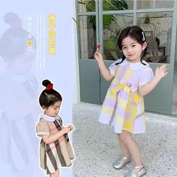 

7plus1 girls peter pan collar summer dress big plaid short sleeve cute fashion bow knot clothing for 9Y o-neck knee length dress