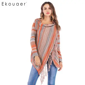 

Ekouaer New Fashion Cardigan Sweater Women Casual V-neck Long Sleeve Regular Fit Asymmetrical hem Tassel Cardigan Outwear