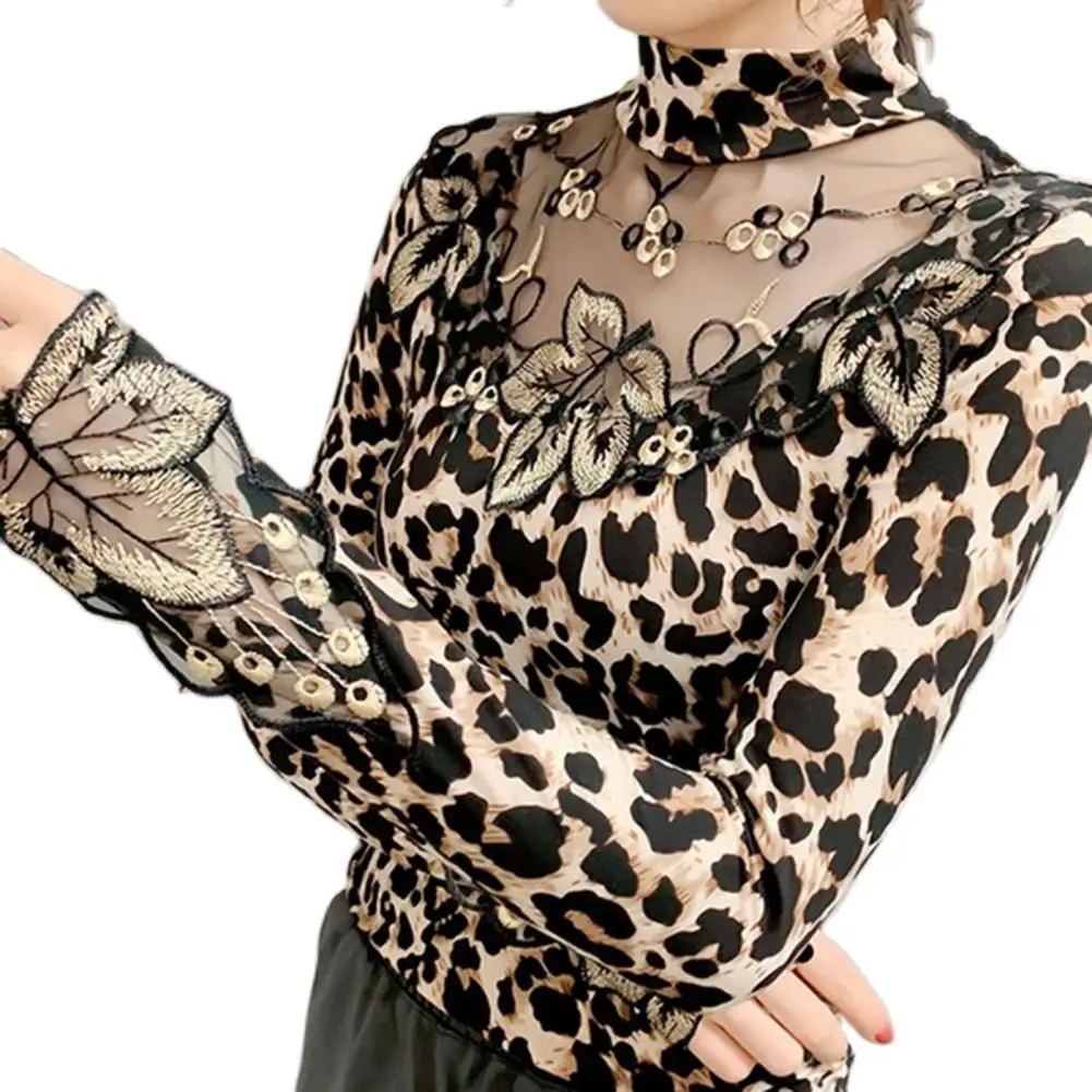 Spring Autumn Sexy Lace Women Shirts Long Sleeve Leopard Print Leaf Embroidery Sheer Basic Blouse Casual Shirts Women's Apparel