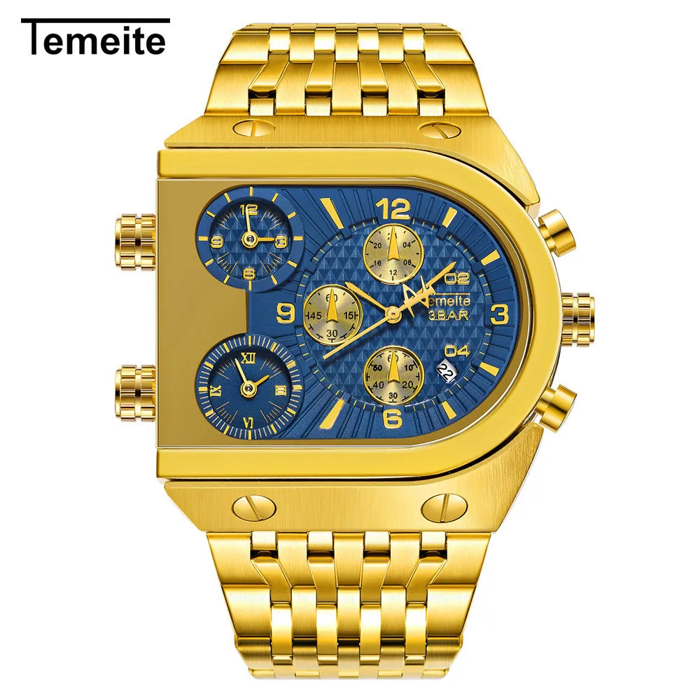 Temeite часы для мужчин Топ бренд Роскошные наручные часы военные часы мужские Многофункциональные Календарь нержавеющая сталь кварцевые часы для мужчин s - Цвет: gold blue