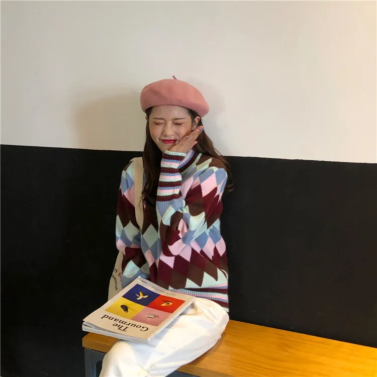 Geometric Sweater Women Thicken Knitted Winter Jumper Turtleneck Korean Harajuku Pullovers Casual Clothes Warm Loose V730