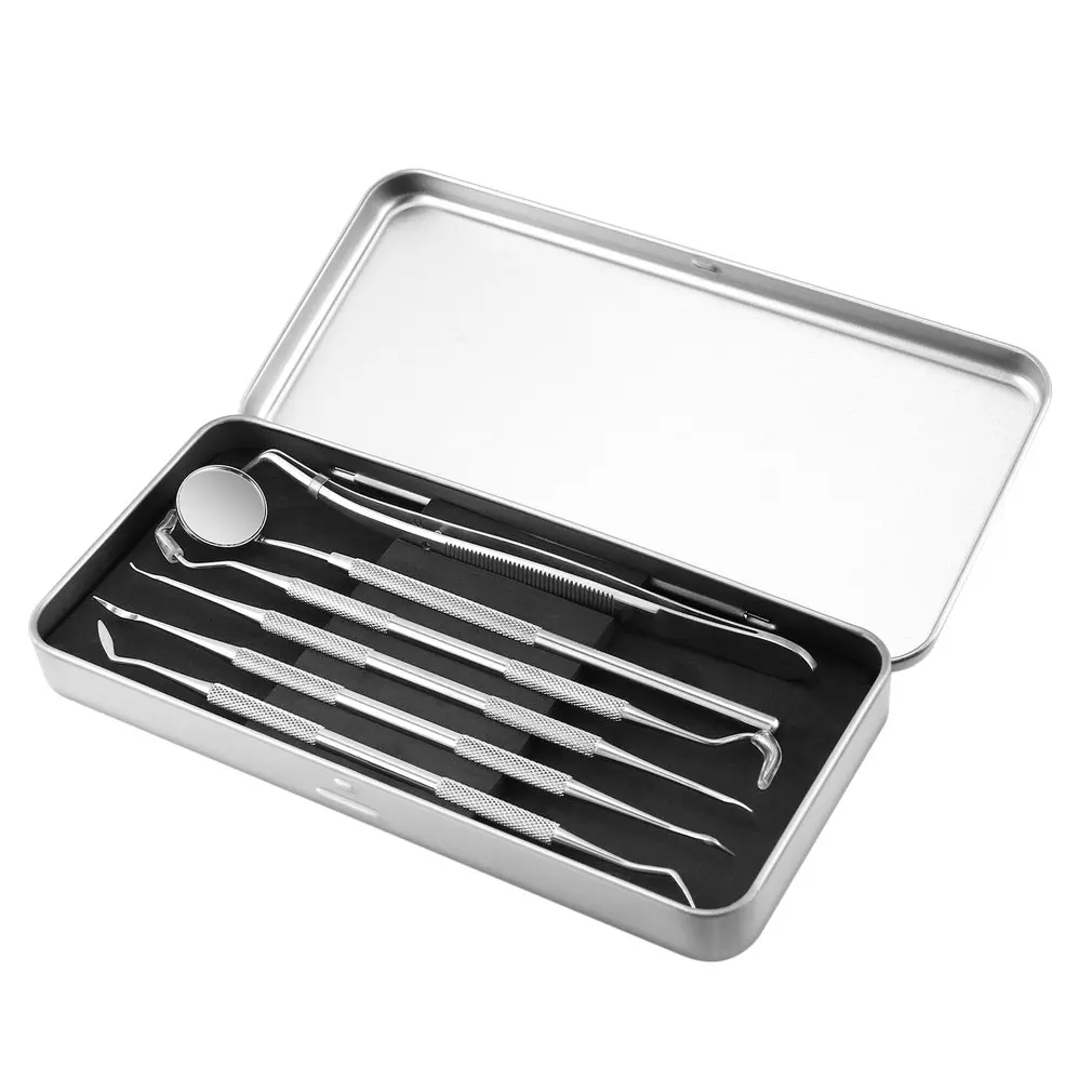

6pcs/Set Stainless Steel Dental Tool Teeth Clean Hygiene Explorer Probe Hook Pick Scaler Mirror Tweezers With Leather Case