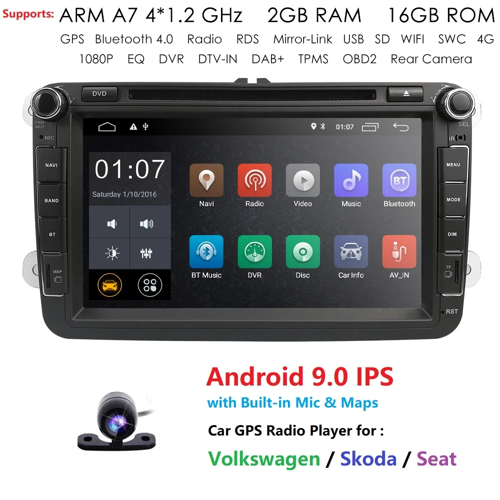 

Android 9.0 IPS DSP Car DVD Radio Stereo GPS Multimedia for Volkswagen VW Passat B6 Golf Tiguan Car Navigation USB Bluetooth Cam