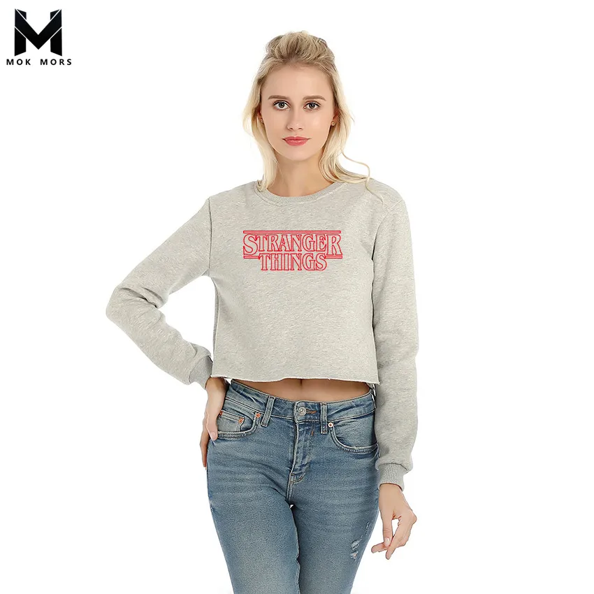 Autumn Brand Grey Hoodie Round Neck Pullover Women Sweatshirts Pink Capless Hoodies Printed Letter STRANGER THINGS Crop Tops | Женская