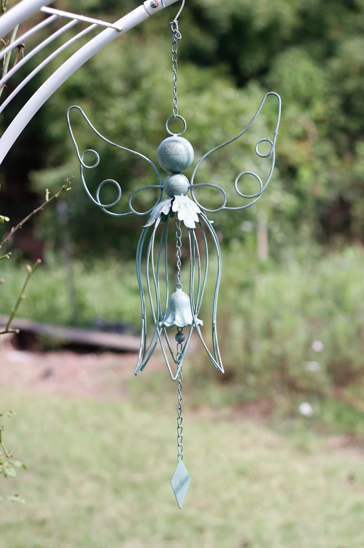 Antique White Blue Iron Big Angel Wind Chime European Home Garden Decor  Metal Flower Fairy Hanging Wind Bell Outdoor Decorative