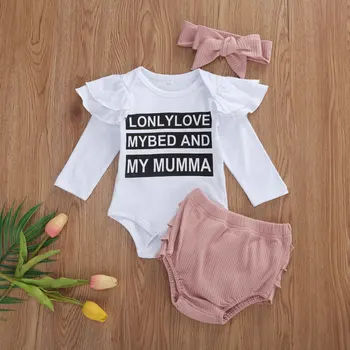 

0-18M Autumn Baby Clothing Newborn Kid Baby Girl Letter Print Romper Tops Ruffles Ribbed High Waist Shorts Casual 3Pcs Outfits