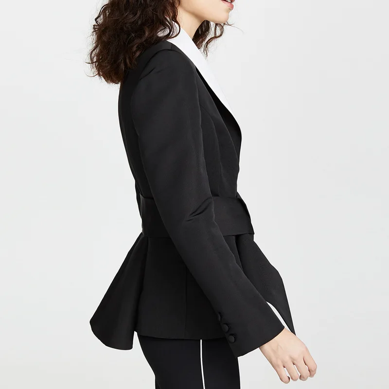 New Runway Blazers For Office Lady Shawl Collar Patchwork Sashes Women Formal Coats Ruffles Long Sleeves Autumn Winter Outerwear