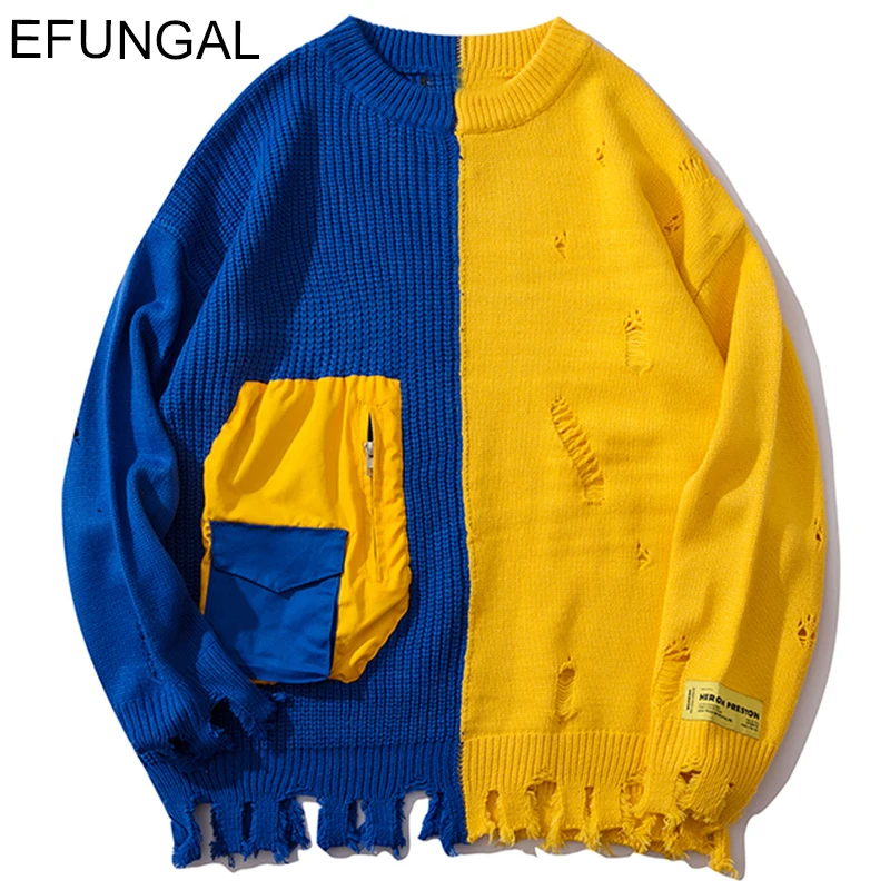 

EFUNGAL Color Patchwork Sweater Men Pocket Ripeed Hole Knitwear Autumn Knitted Sweaters Hip Hop Streetwear Harajuku Sweatshirts