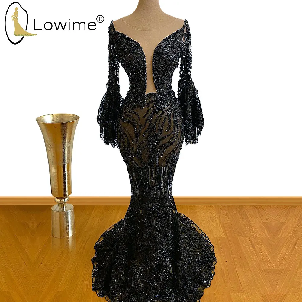 

Arabic Style Long Sleeve Black Mermaid Evening Dresses 2020 Illusion O Neck Beaded Sequins Prom Party Dress Jurken
