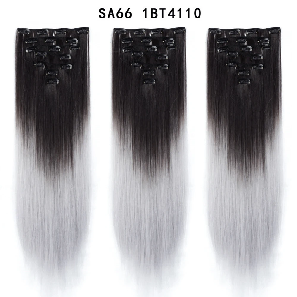 Synthetic Long Straight Women Clip in Hair Extensions 22" Fake False Hair Pieces Black Brown Blonde Purple Styling 7Pcs