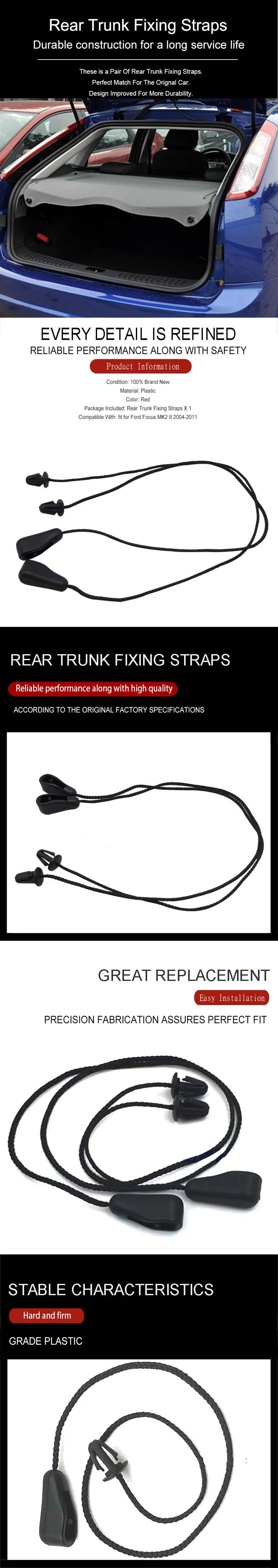Wooeight 2Pcs Black Onwards Parcel Shelf Fixing Straps Cord String Fit for Ford Focus MK2 II 2004-2007 2008 2009 2010 2011 (8)