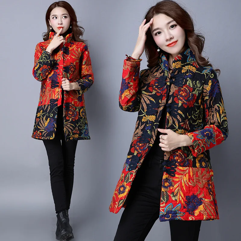 

2018 Autumn And Winter Retro National Wind Cotton Linen Embroidered Contrast Color Joint Thick Cotton-padded Clothes Cotton Coat