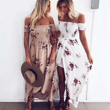 

Women Slash Neck Floral Printed Boho Dress Fashion Beach Summer Dresses Ladies Strapless Long Maxi Dress Vestidos S-5XL