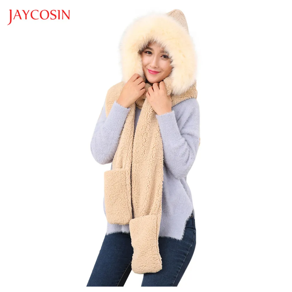 Joycosin, модные женские флисовые колпачки, теплая шапка из искусственного меха, повседневная плюшевая шапка, шарф, перчатки, набор, одноцветные женские шапки с карманами