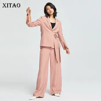 

XITAO Patchwork Women Fashion Bandage Full Sleeve Elegant Turn Down Collar Top Fashion Pocket Straight Full Length Pants GCC3045