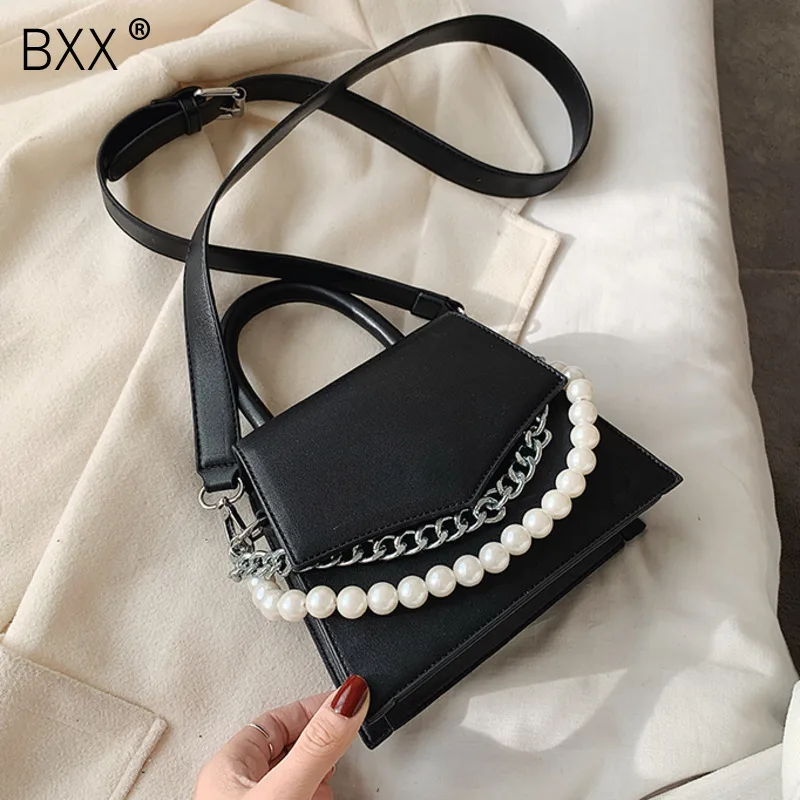 

[BXX] Solid Color PU Leather Pearl Chain Crossbody Bag For Women 2020 Spring Simple Messenger Shoulder Bag Female Handbags HK172