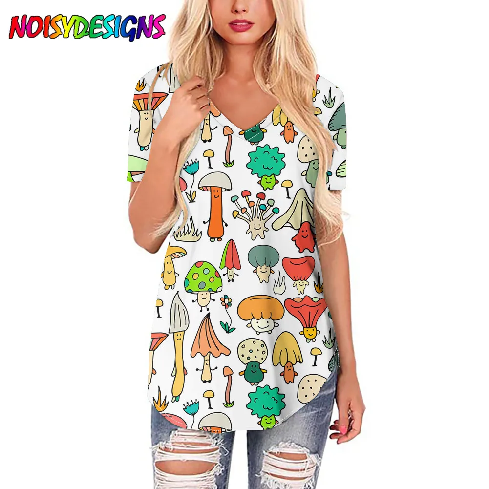 

NOISYDESIGNS Mushrooms Painting Printed T Shirt Women Short Sleeve V Neck Loose Tshirt Summer Women Tee Shirt Tops Clothes Mujer