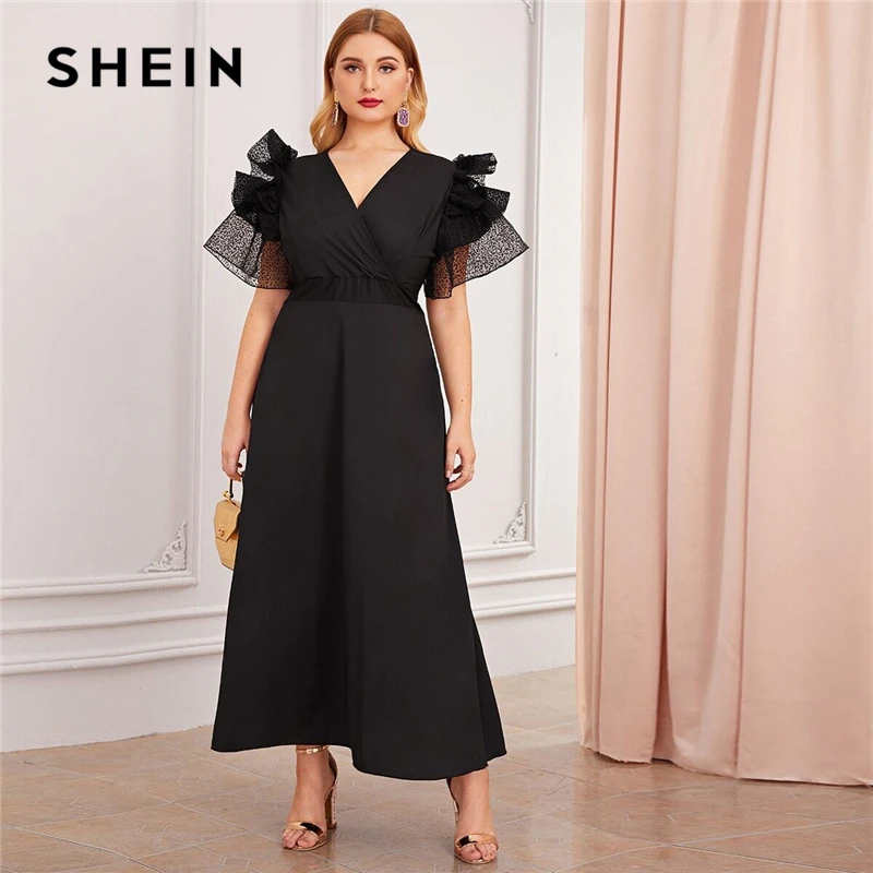SHEIN плюс Размеры черный V образным вырезом преувеличенный рюшами свободного покроя расклешенное вечерние платье Для женщин осень короткий рукав Женская линия Макси платья