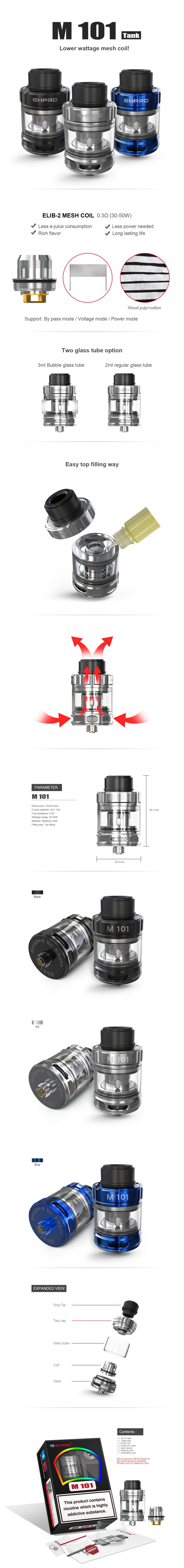 Ehpro M101 MTL распылитель 2 мл 3 мл емкость 510 Резьбовая электронная сигарета 0.3ohm сетка катушки испаритель Dripka Танк для Vape