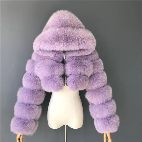 Зимние женские пальто из натурального Лисьего меха, натуральная женская куртка из лисьего меха, высокое качество, женское меховое пальто с капюшоном - Цвет: Light purple