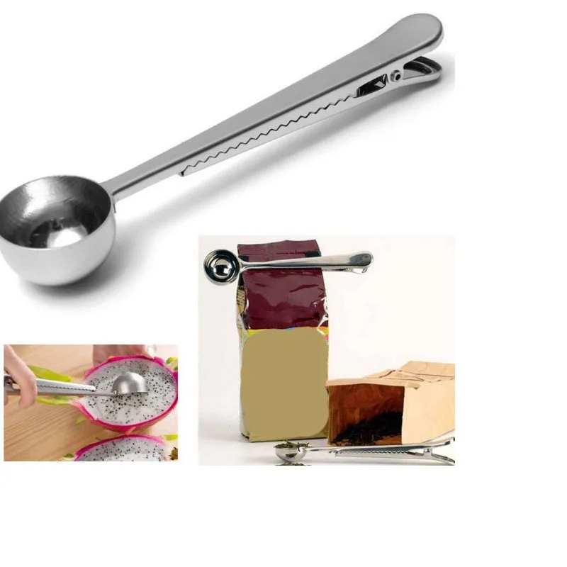 

1pc Stainless Steel Coffee Fruit Ice Cream Round Scoop With Clip Sealing Tea Measuring Spoon Home Kitchen Tool Accessories